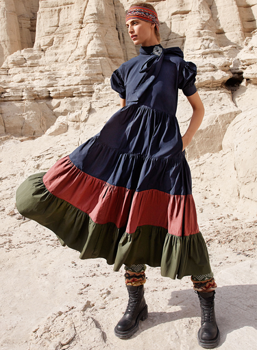 Tiered Tie Neck Colorblock Dress