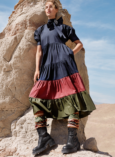 Tiered Tie Neck Colorblock Dress