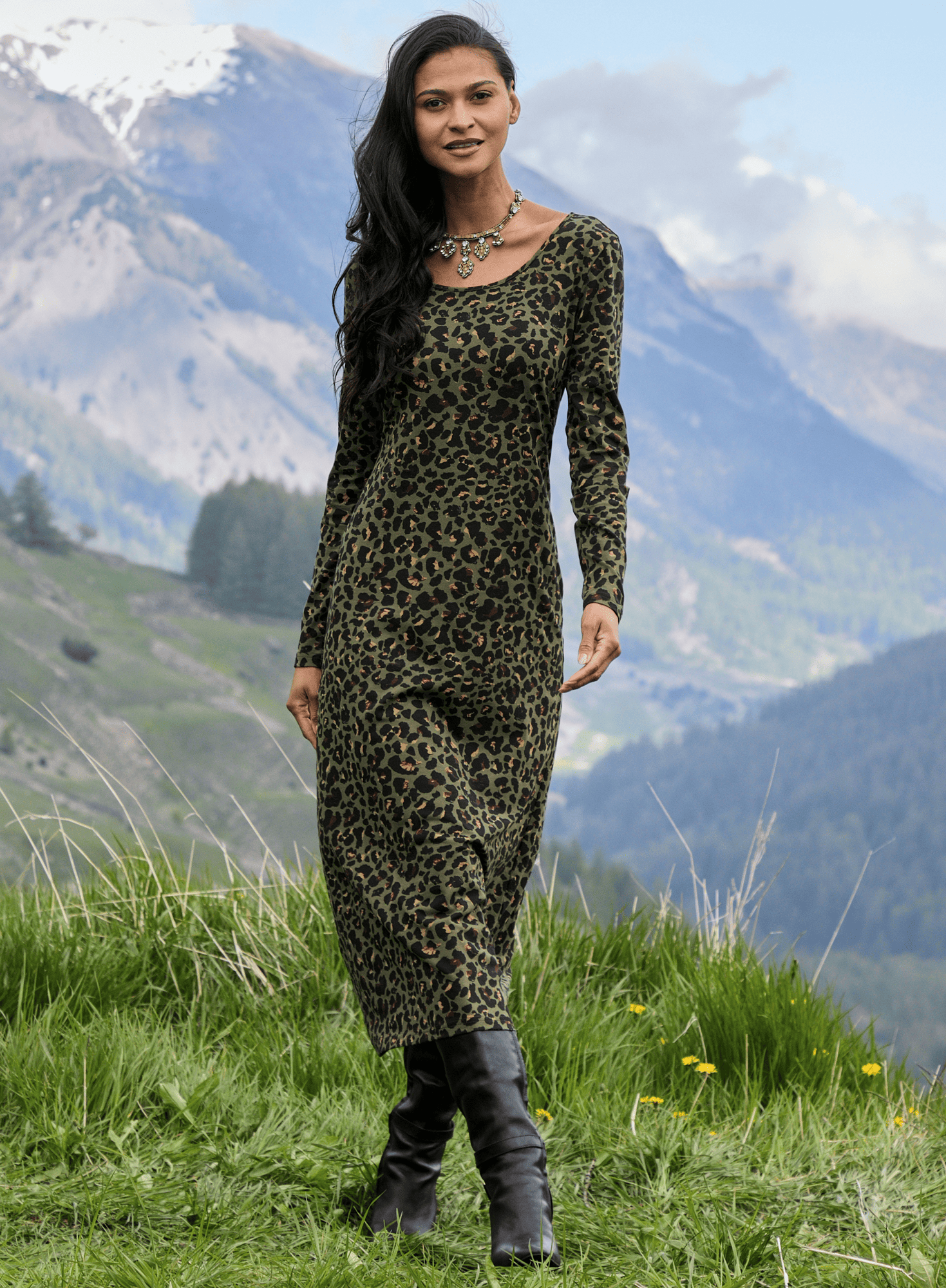 leopard print dress long Leopard Roma Dress Army / XS